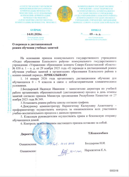 Приказ о переводе в дистанционный режим обучения учебных занятий 15.01.2026.